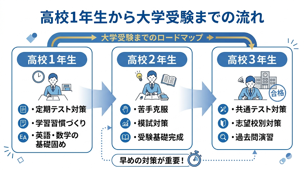 高校1年生から大学受験までの学習計画の流れを示す図解。高1の定期テスト対策・学習習慣・英数基礎固め、高2の苦手克服・模試対策・受験基礎、高3の共通テスト対策・志望校別対策・過去問演習の3ステップを解説したロードマップ。