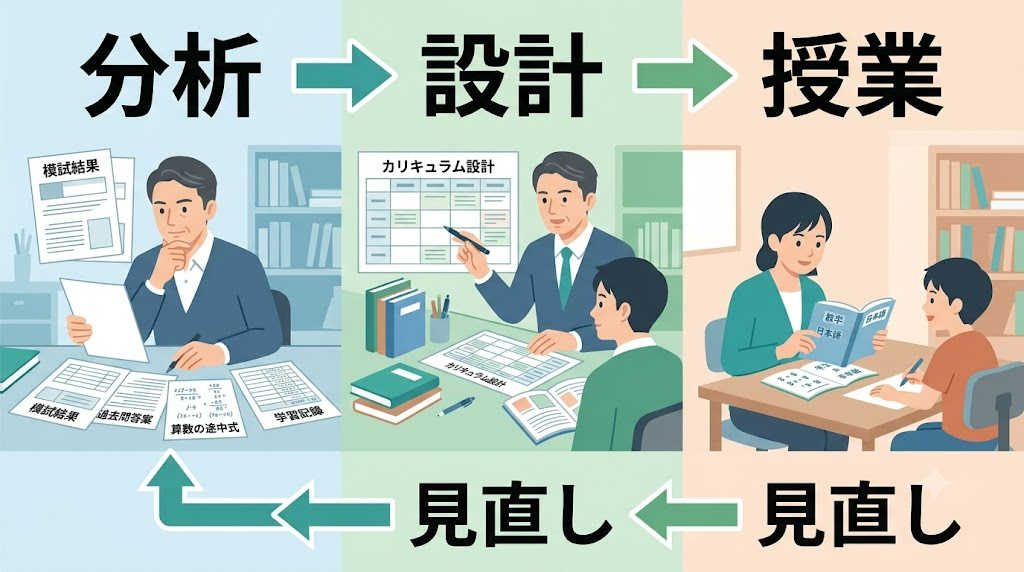 Axis千代田校の責任者が中学受験のカリキュラムを設計し担当講師が授業を行う流れ