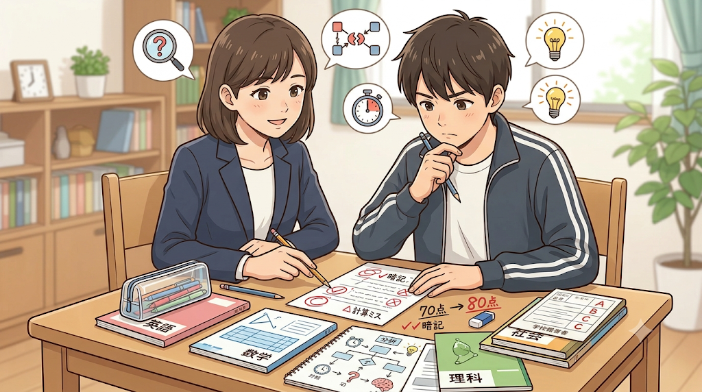 長野中学校の定期テスト答案を分析し、次回の学習対策を確認するイメージ