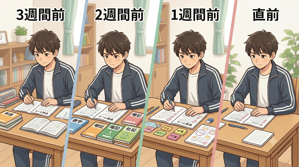 長野中学校の定期テスト3週間前から直前までの学習スケジュールイメージ