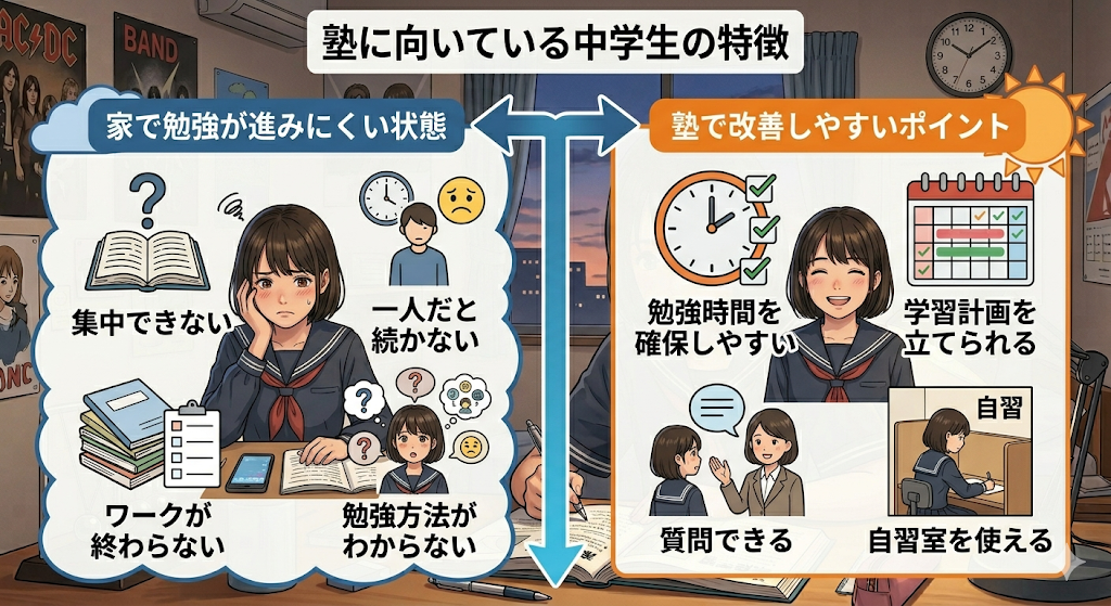 塾に向いている中学生の特徴をまとめた比較図