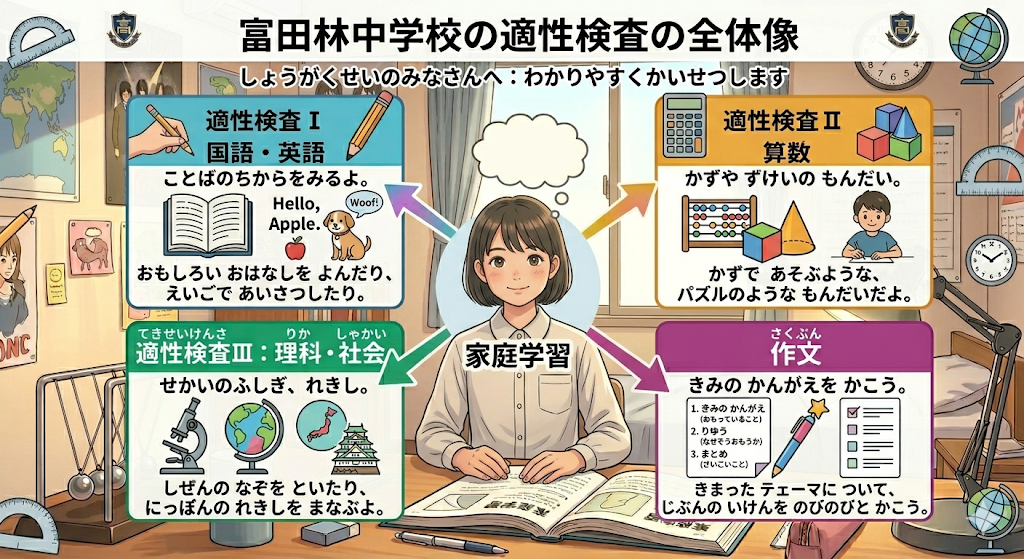 富田林中学校の適性検査内容をまとめた図