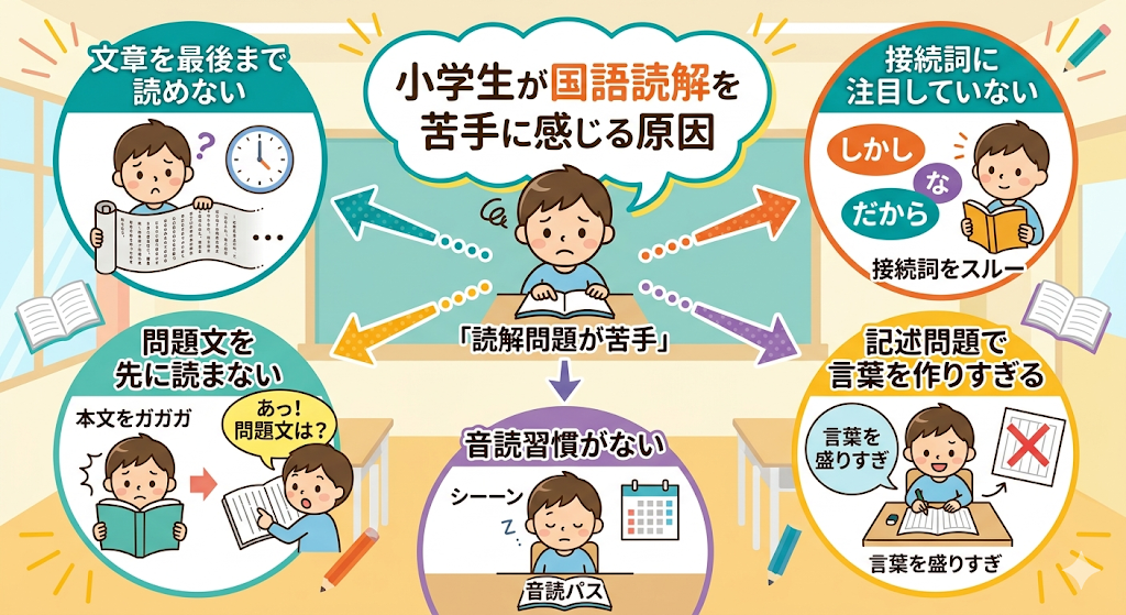 小学生が国語読解を苦手に感じる原因をまとめた図