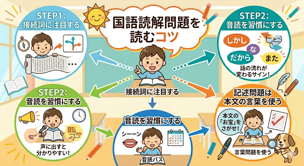 国語読解問題を読むコツをまとめた図