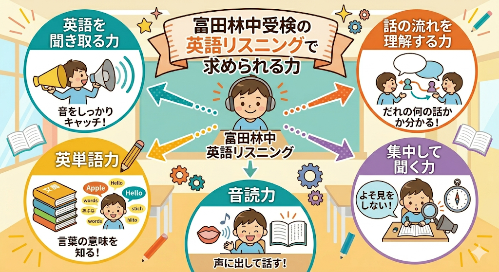 富田林中受検の英語リスニングで必要な力をまとめた図