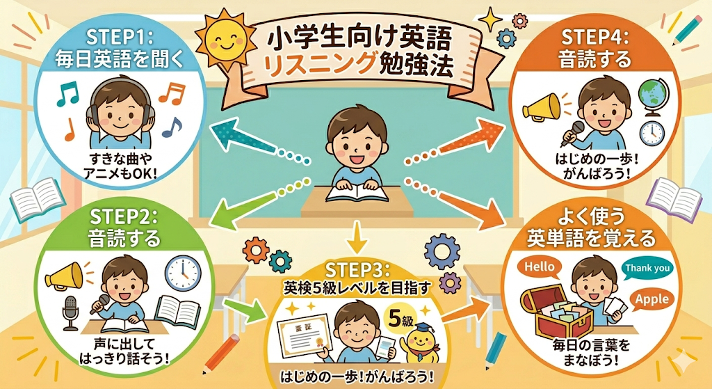 小学生向け英語リスニング勉強法をまとめた図
