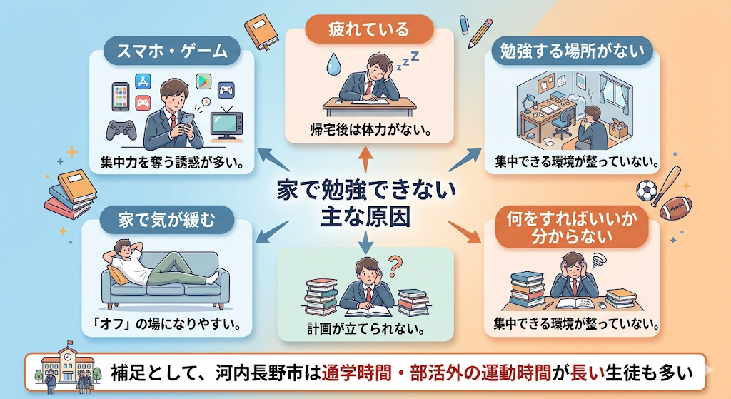 中学生が家で勉強できない主な原因をまとめた図解