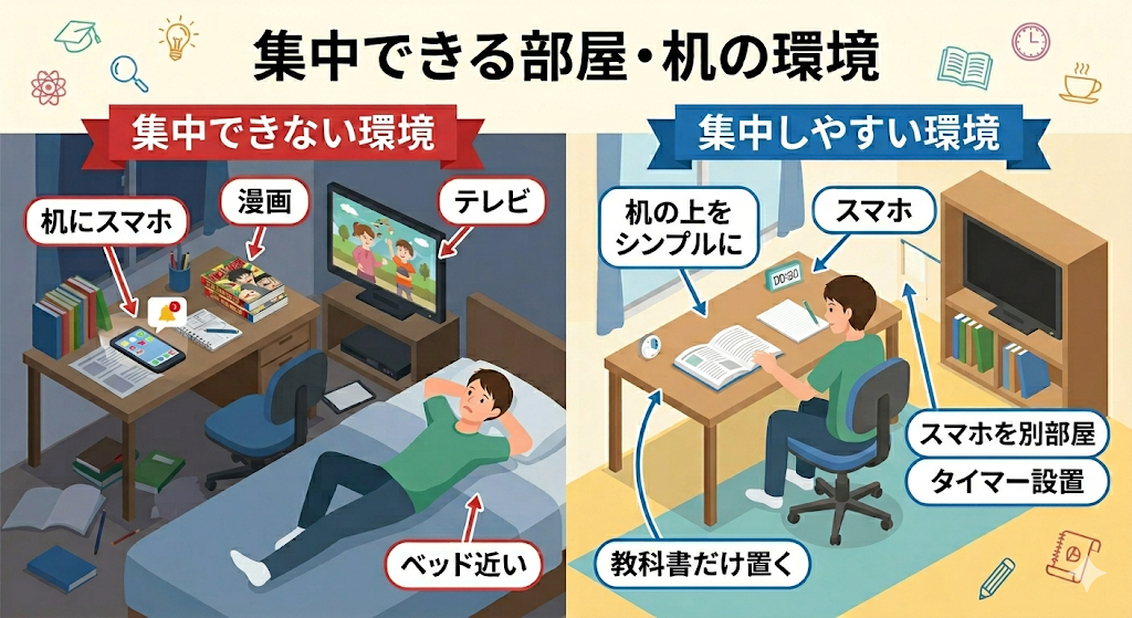 集中できない勉強部屋と集中しやすい勉強環境の比較図