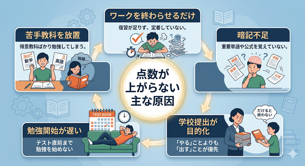 定期テストで点数が上がらない原因をまとめた図解