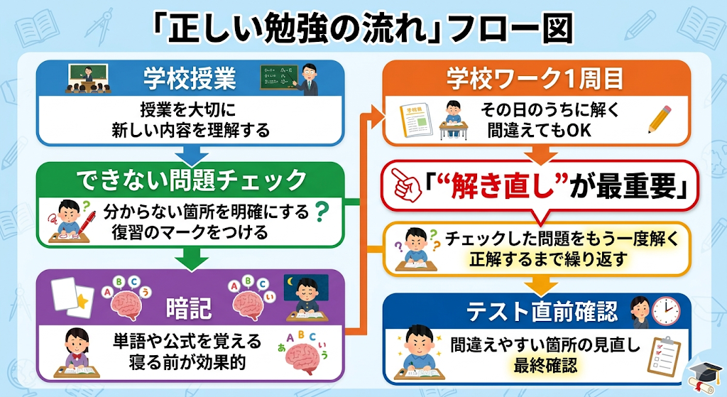 中学生向け定期テスト勉強の正しい流れをまとめた図解