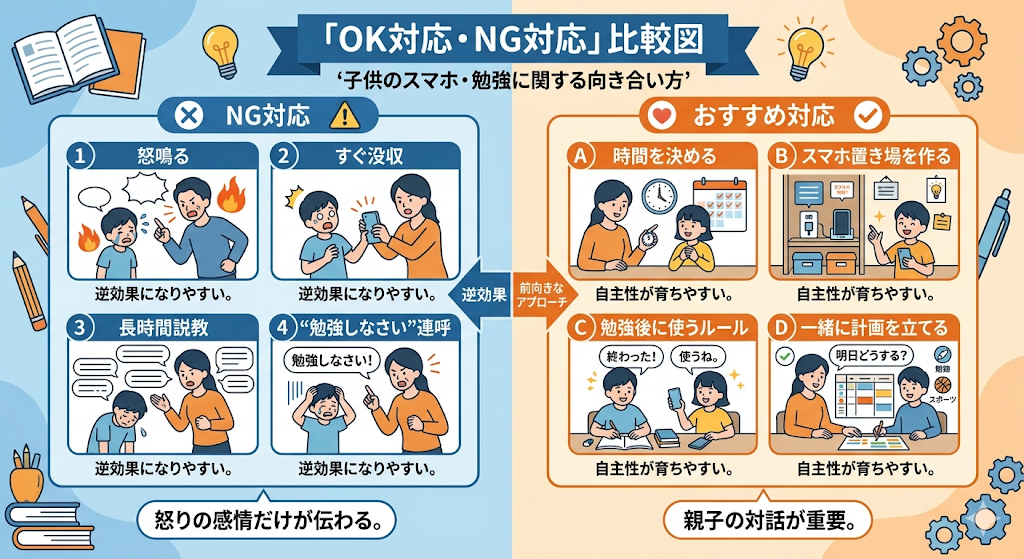 中学生のスマホ対策におけるNG対応とおすすめ対応の比較図
