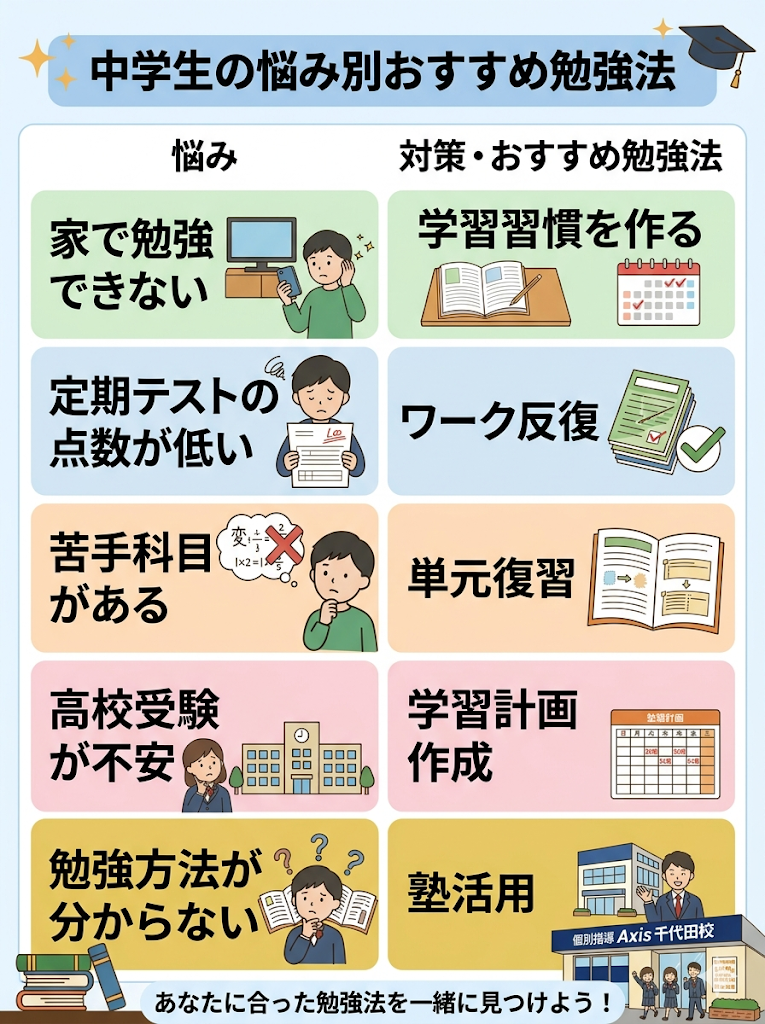 中学生の悩み別の勉強法と対策一覧表