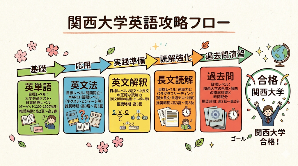 関西大学合格に向けた英語学習の進め方を示したフローチャート