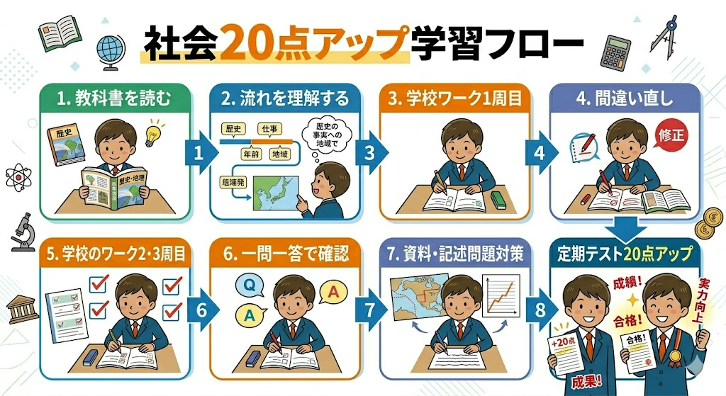 河内長野市千代田の中学生向け社会の定期テスト対策の流れ