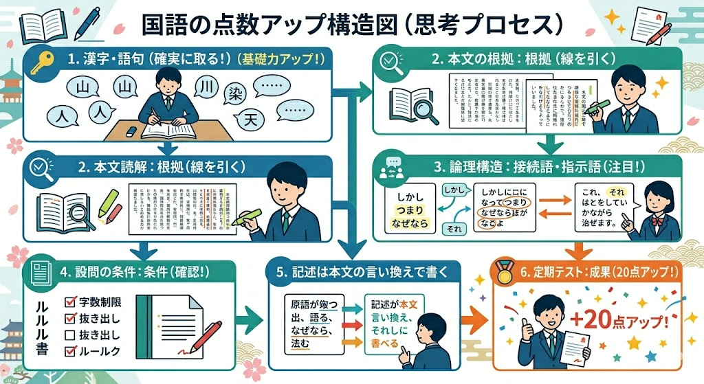 国語の定期テストで20点アップする勉強法の流れ（漢字・読解・記述対策）
