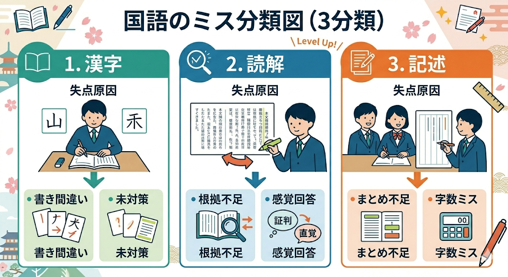 中学生国語の定期テストで点数が伸びない原因の分類図