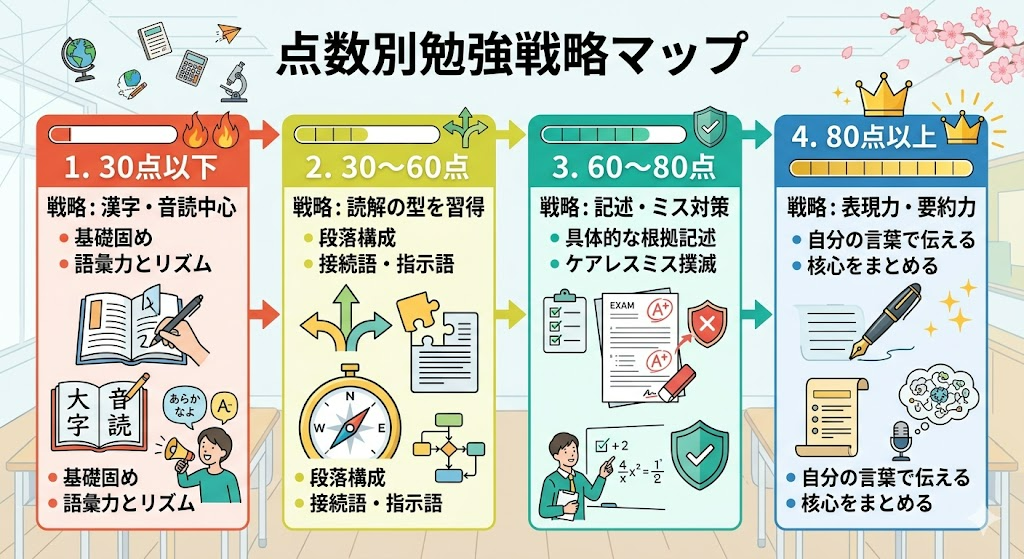 国語の定期テスト対策における点数別の勉強法一覧（30点以下・30～60点・60～80点・80点以上）