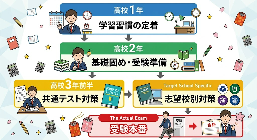 大学受験の年間スケジュールと高校1年生から高校3年生までの学習ロードマップ