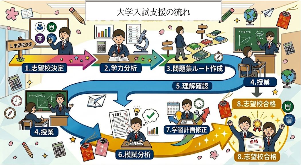 大学受験に向けた学習計画作成から模試分析までの個別サポートの流れ
