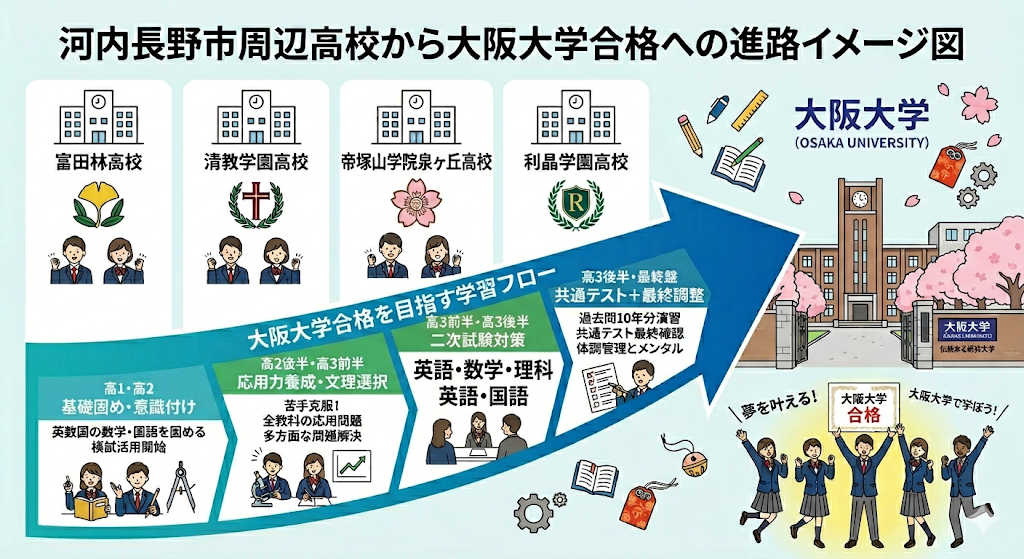河内長野市周辺の高校から大阪大学を目指す進路イメージ