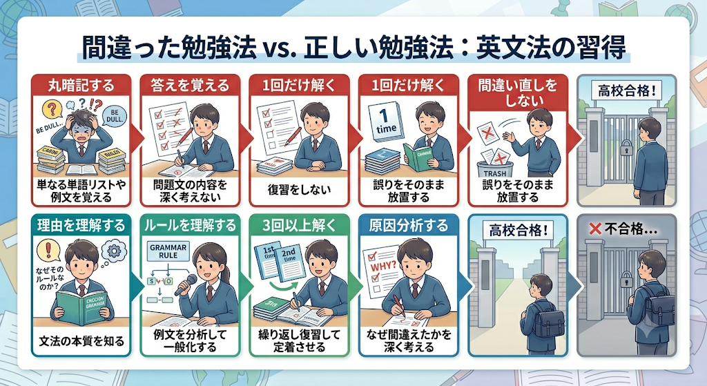英語文法の間違った勉強法と正しい勉強法の比較