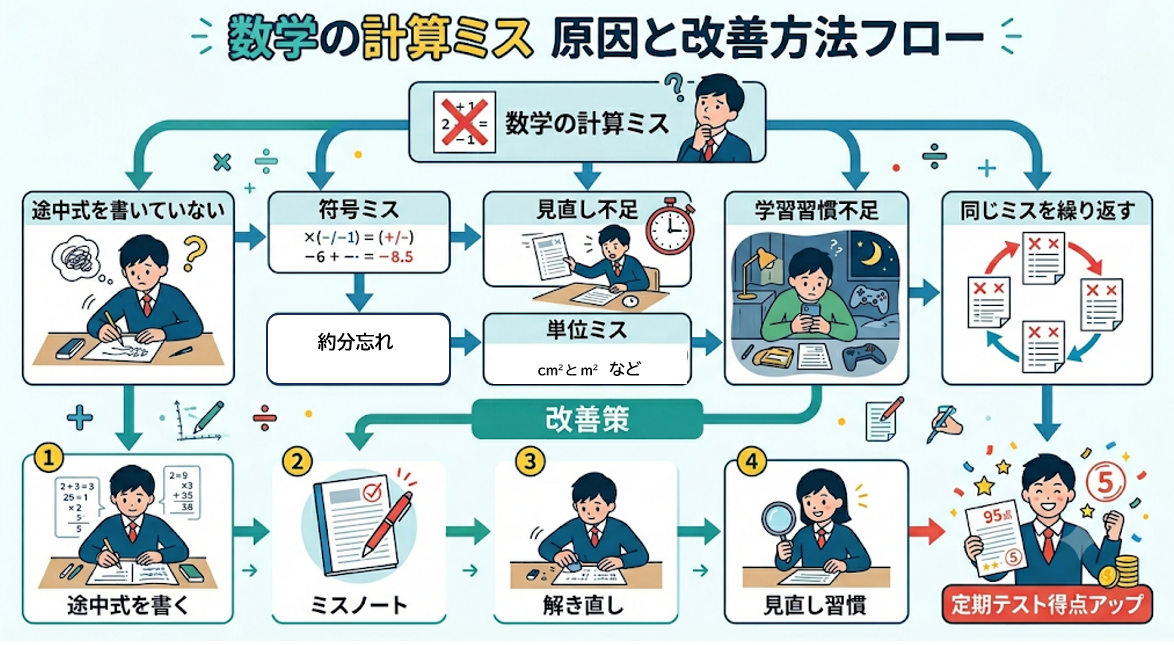 河内長野市の中学生向け数学の計算ミスの原因と改善方法の流れ