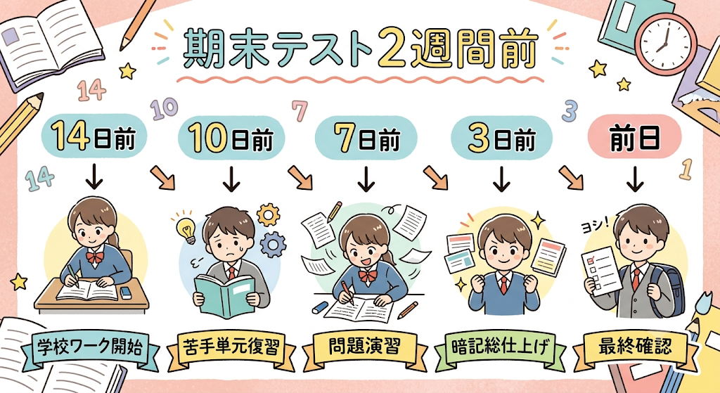 千代田中学校の1学期期末テストに向けた2週間前からの勉強スケジュール