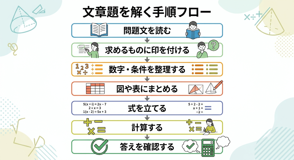 数学の文章題を解く手順をまとめたフローチャート