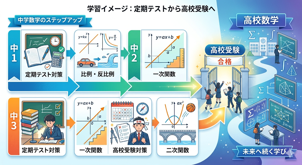 中学1年から高校数学へとつながる関数の学習ステップを示すインフォグラフィック。中1の定期テスト対策と「比例・反比例」、中2の「一次関数」、中3の定期テスト・高校受験対策と「二次関数（y=ax^2）」、そして「高校受験合格」の門をくぐりシグマやインテグラルを学ぶ「高校数学」へと進む流れが、イラストやグラフとともに左から右へ時系列で描かれています。