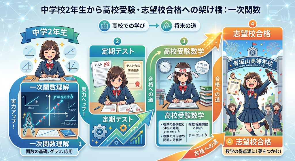 一次関数の学習から定期テスト対策、高校受験までの学習の流れを示した図
