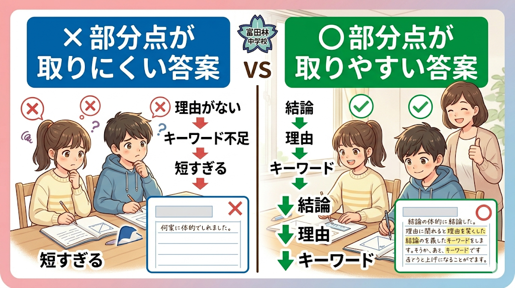 河内長野市の小学生向け富田林中受検対策｜記述問題で部分点が取れる答案と取れない答案の比較