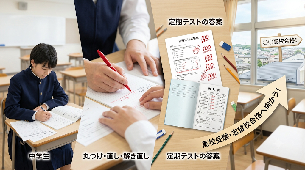 河内長野市千代田の中学生向けに定期テスト・提出物・内申点・高校受験のつながりを示した学習イメージ