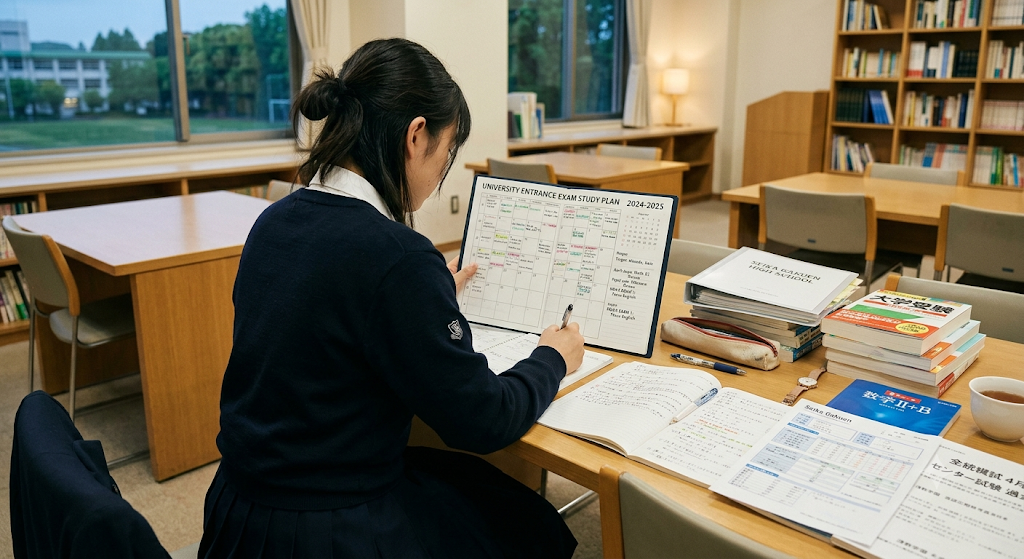 清教学園高校の生徒が学校教材と模試結果をもとに大学受験対策を進めるイメージ