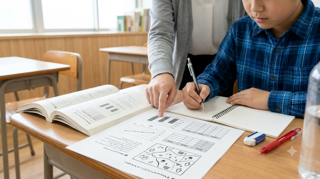 富田林中学校受検の資料読み取り問題対策で表やグラフを確認する学習風景