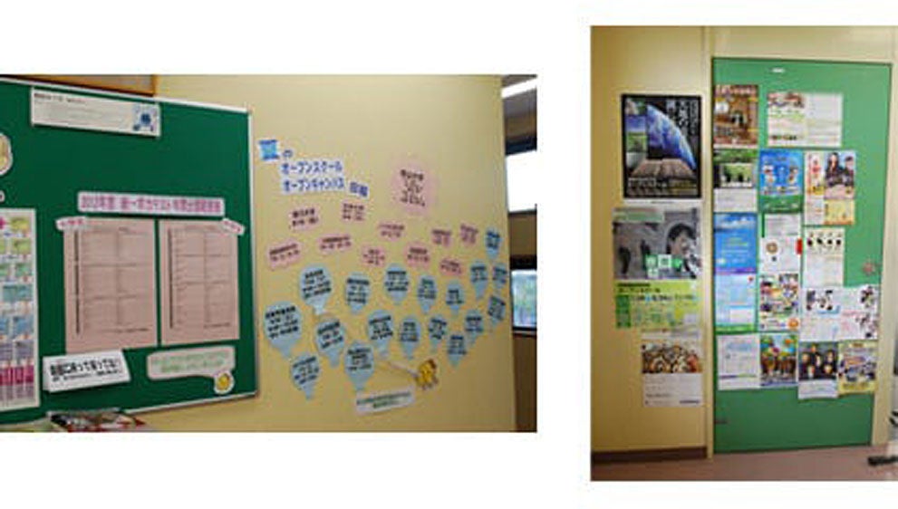 新倉敷駅前校 教室の壁には、入試情報や学校情報が満載です。