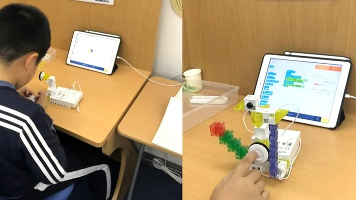 西調布校 調布のプログラミング教室ならアクシス！小学生に大人気のロボットプログラミング講座の様子です！写真は小鳥のロボットを作って動かしています！
